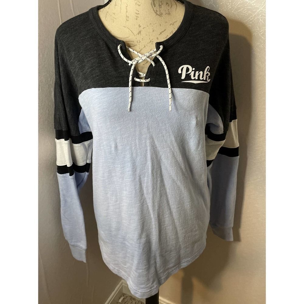 Victoria's Secret PINK Lace Up Small Varsity Crew colorblock Sweatshirt